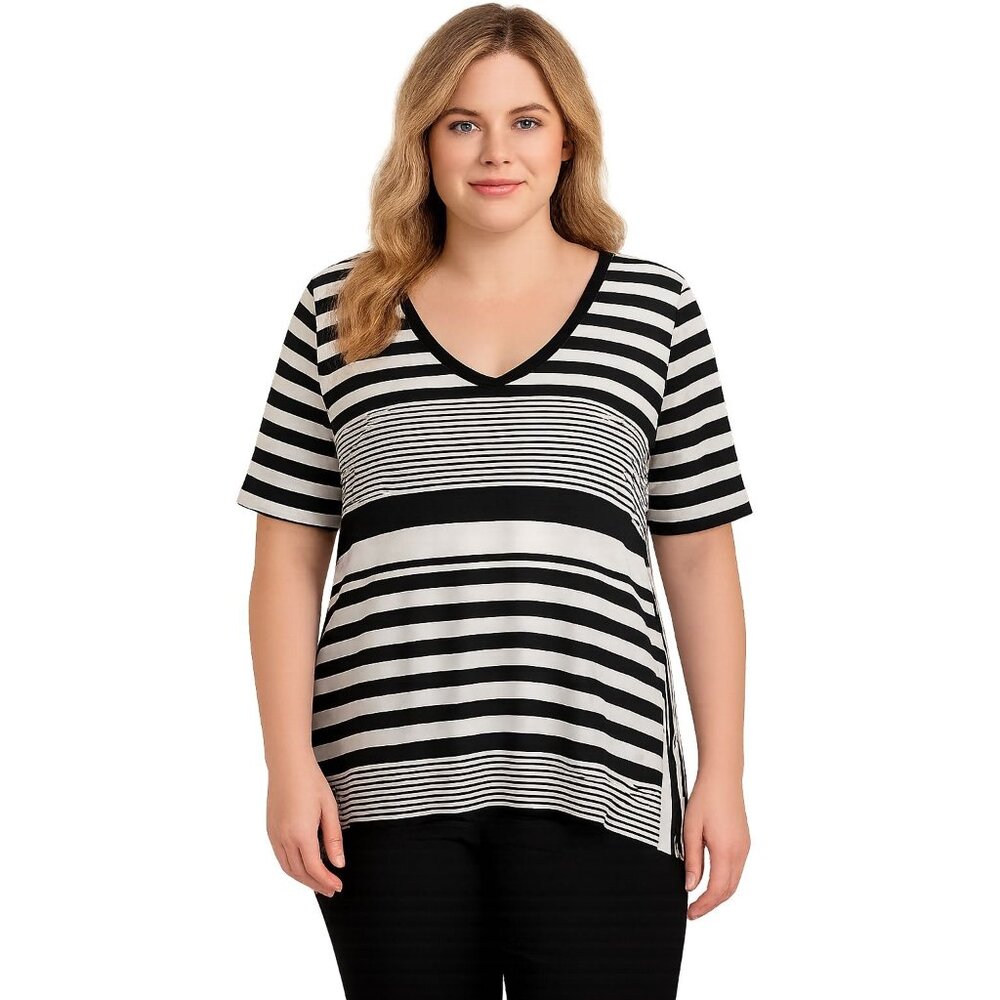 Cyrus Shirt Top Blouse Short Sleeves Striped Black White Women's Size Large